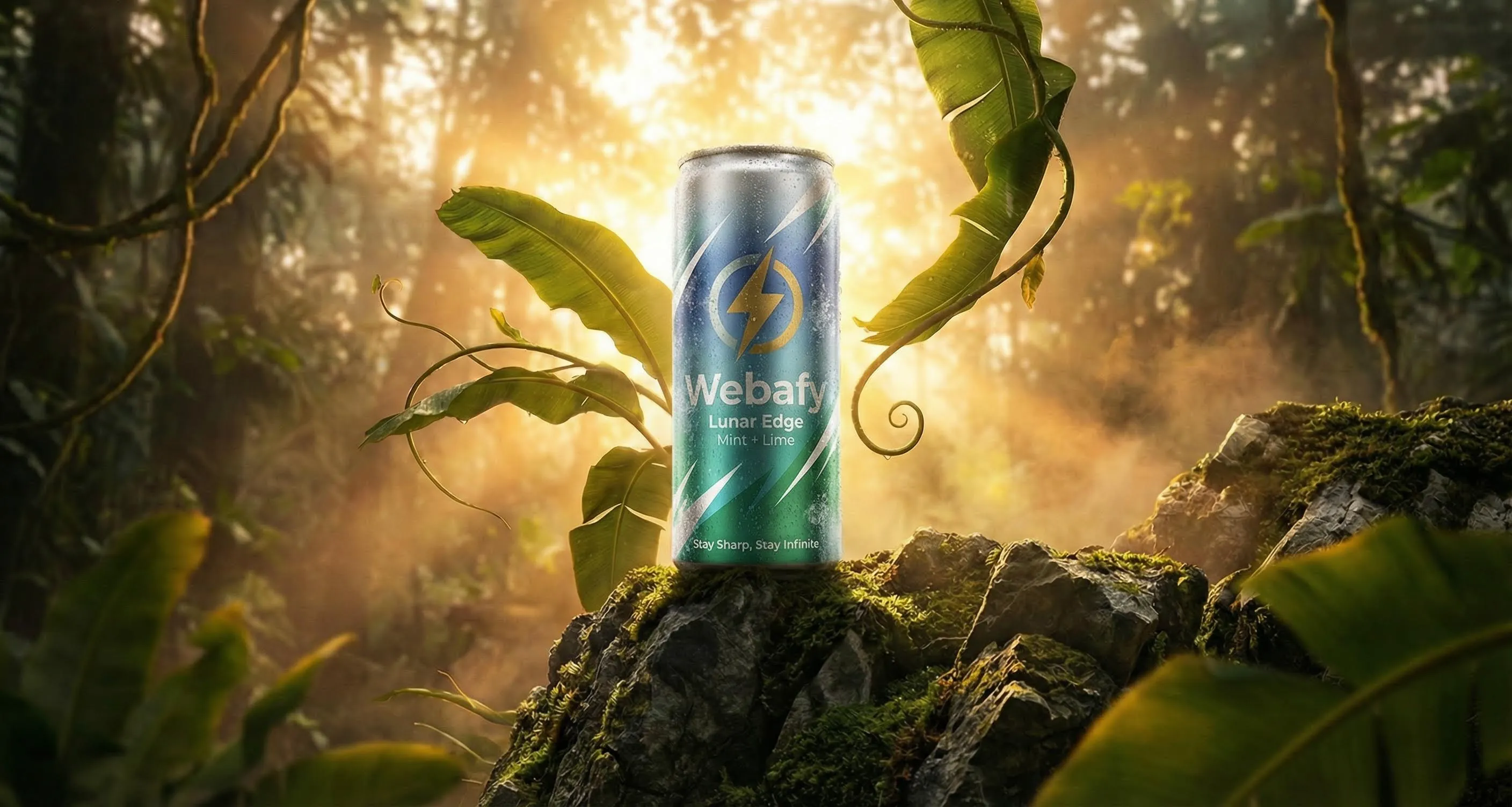 Energy drink AI render variant 1 - Jungle theme with tropical lighting