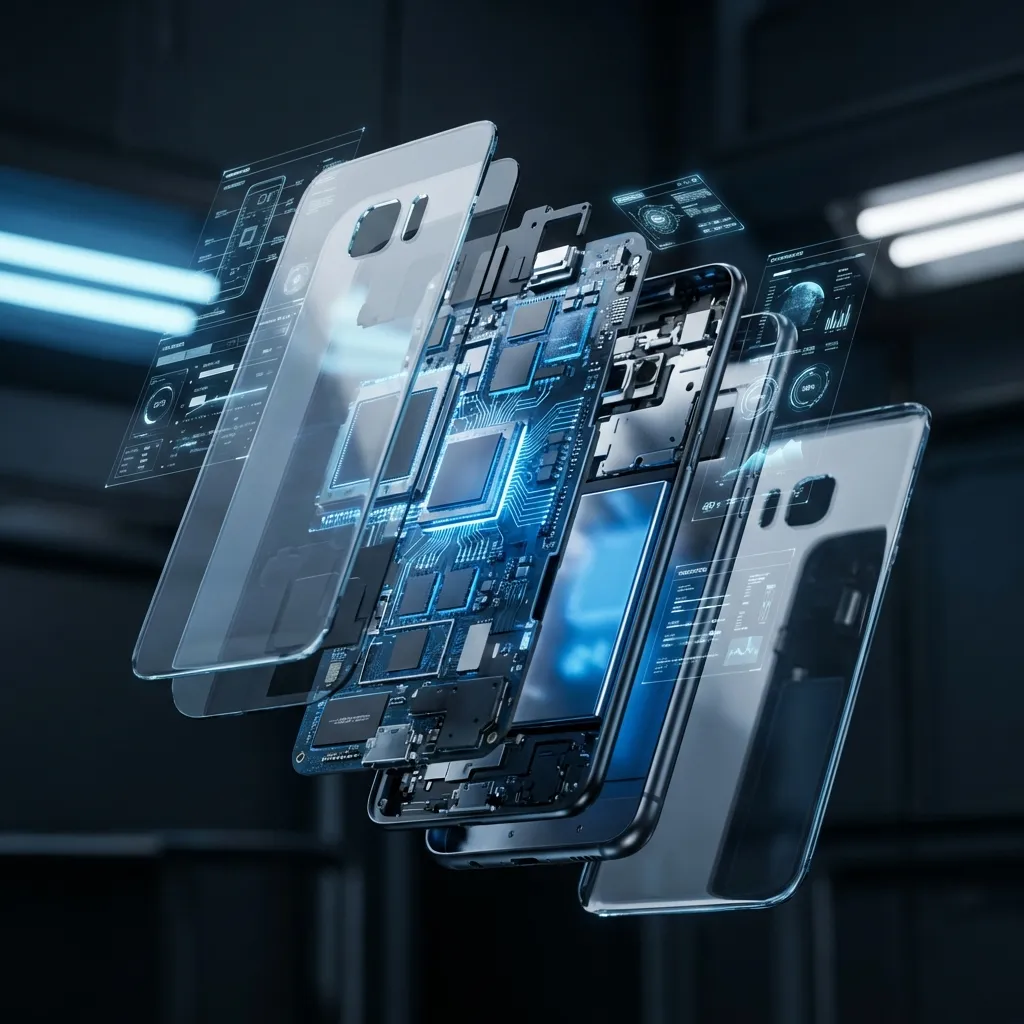 Smartphone — high-tech AI-rendered exploded view